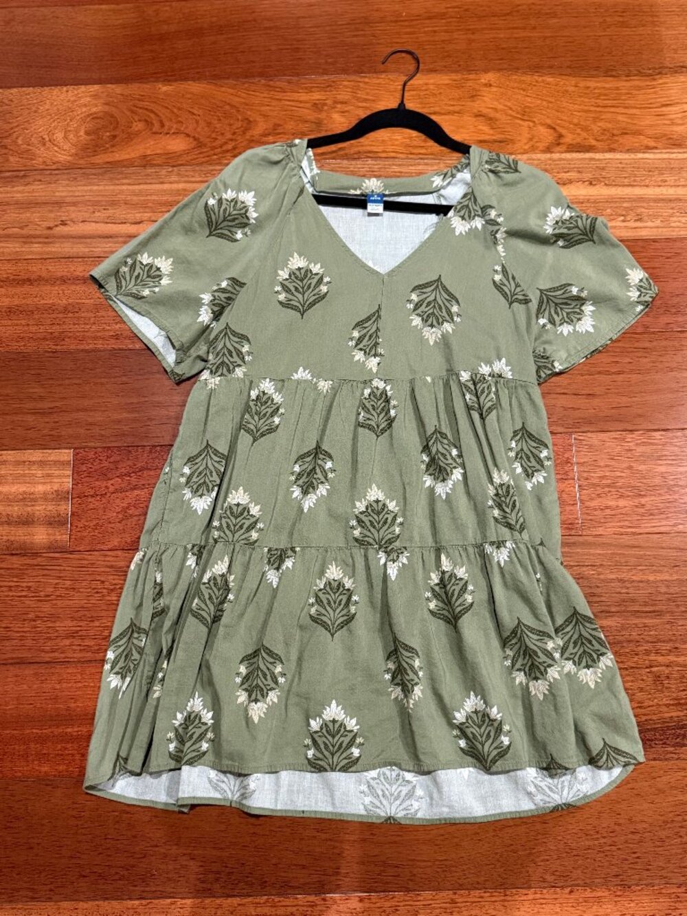 Old Navy Olive Green Floral Tiered V-Neck Mini Swing Dress Medium Petite MP